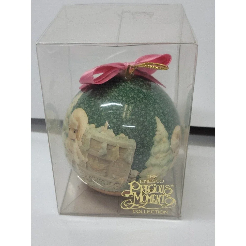 Lot of 4 Precious Moments Holiday Ornaments 1994 Enesco Round Balls Bows